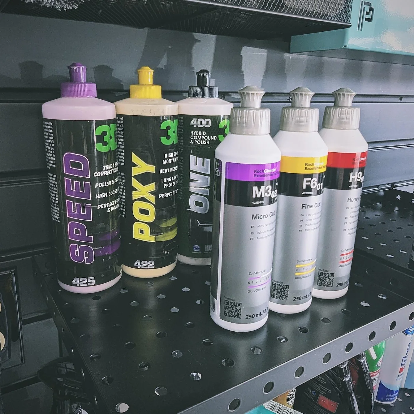 Polishing compounds and finishing products on the Double Mint studio shelf