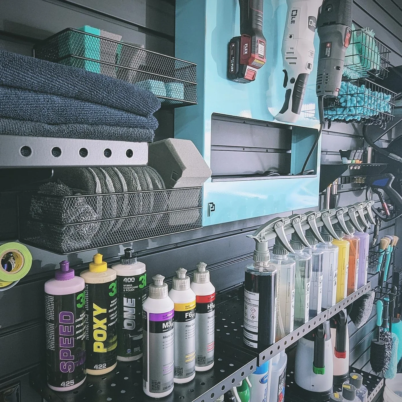 Folded microfiber towels and detailing supplies